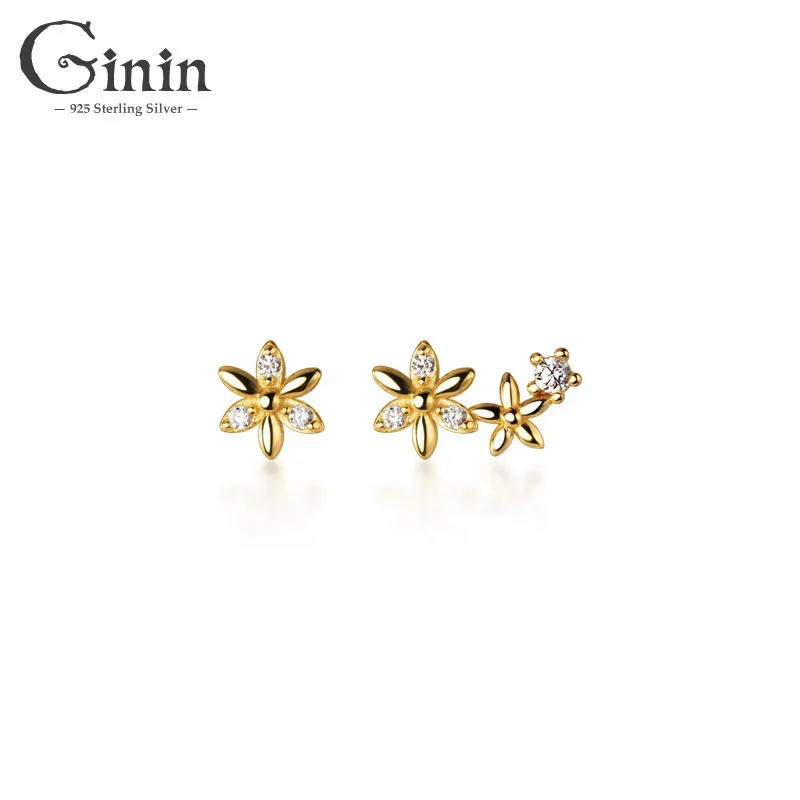

Ginin 925 Sterling Silver Simple Korean-Style Asymmetric Shiny Zircon Small Flower Stud Earrings for Women Party Gift Jewelry
