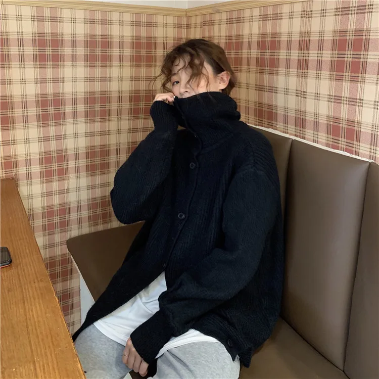 

Korean Lazy Style Sweater Women Loose 2020 Fashion Solid Color Autumn And Winter Casual Button Cardigan Turtleneck Sweater