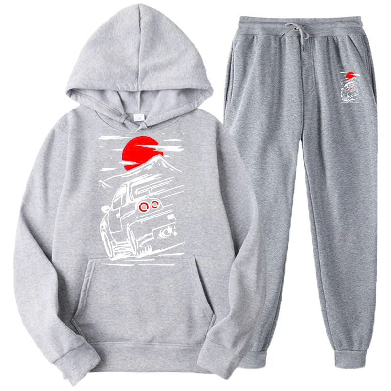 Solid Color Men Set Casual Men's Autumn Winter Fleece Japanese JDM Hoodies + Pants Two-Piece Tracksuit Trendy Sportswear | Мужская