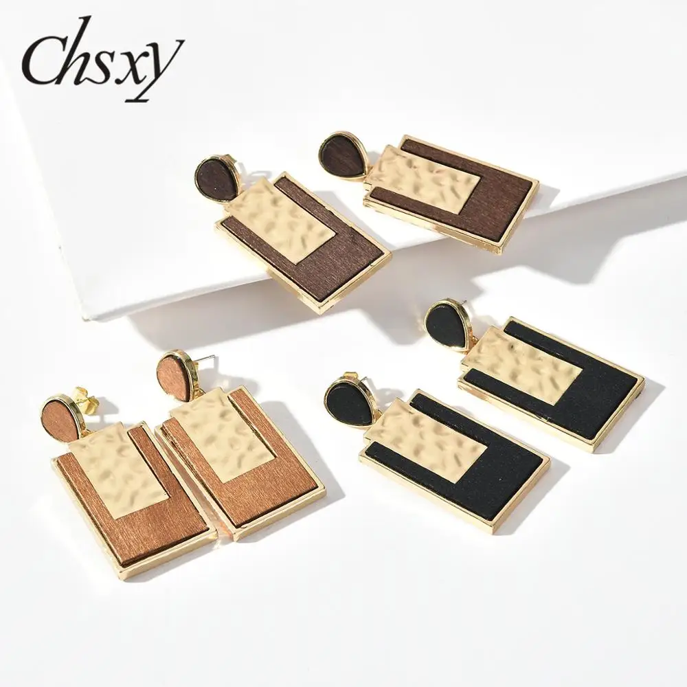 CHSXY 2019 новые деревянные геометрические прямоугольные Висячие серьги для женщин