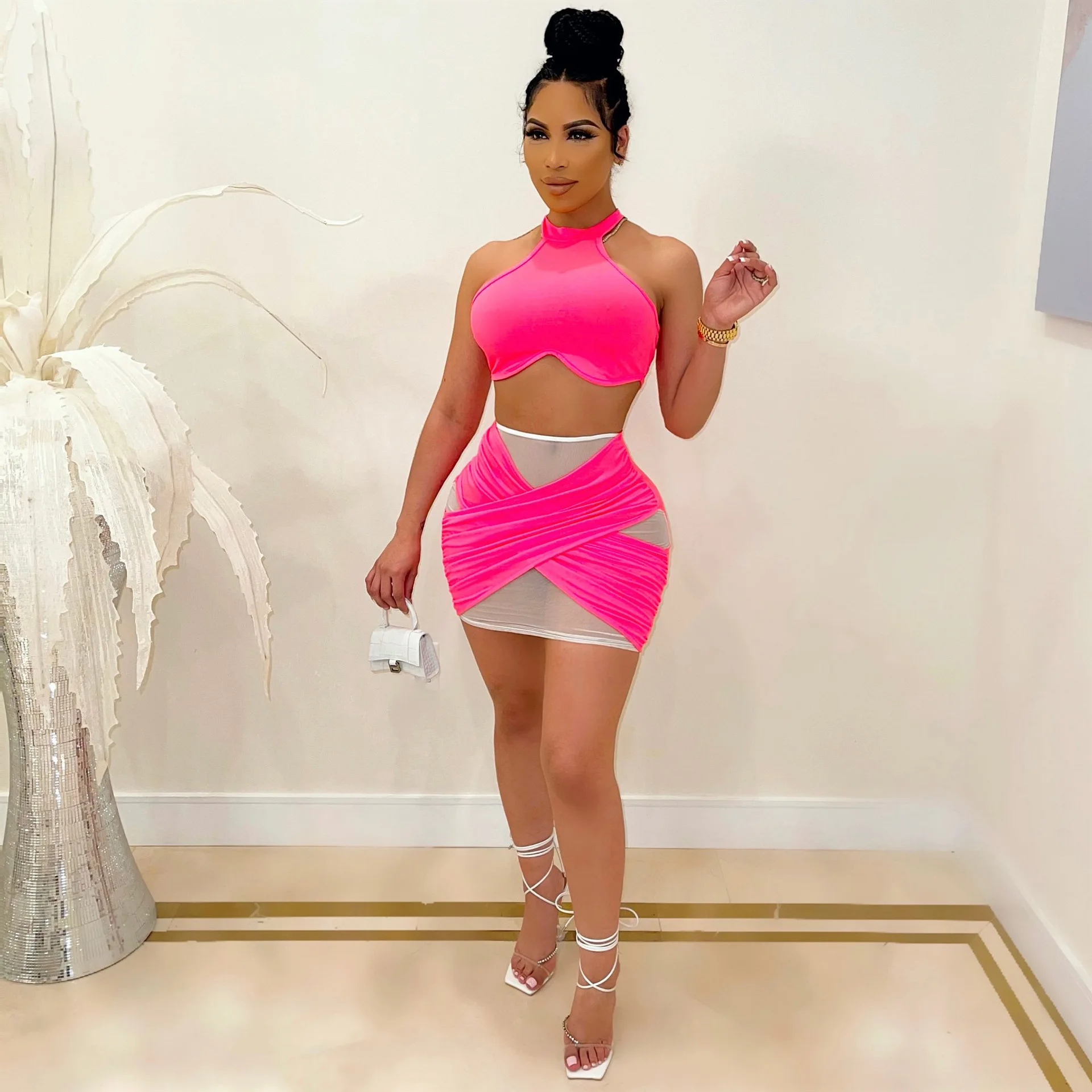 Женский однотонный комплект из топа и юбки повседневный элегантный двух