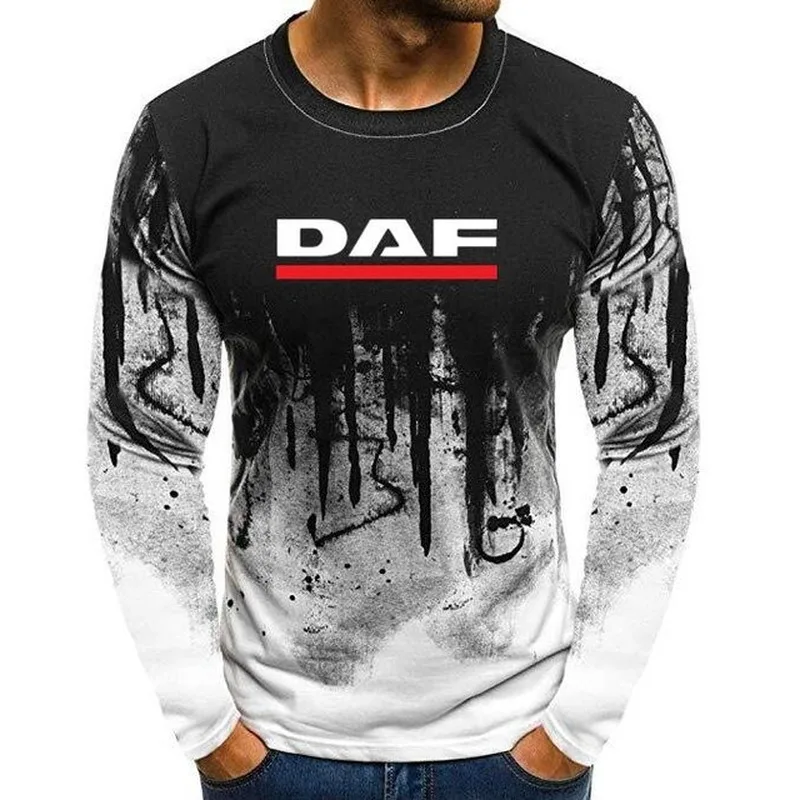 

NEW Men tshirt DAF Print Simple Gradient Color Long-Sleeve T-Shirt Chic Slim Round Neck Tops splash-ink Printed TEES Autumn d3