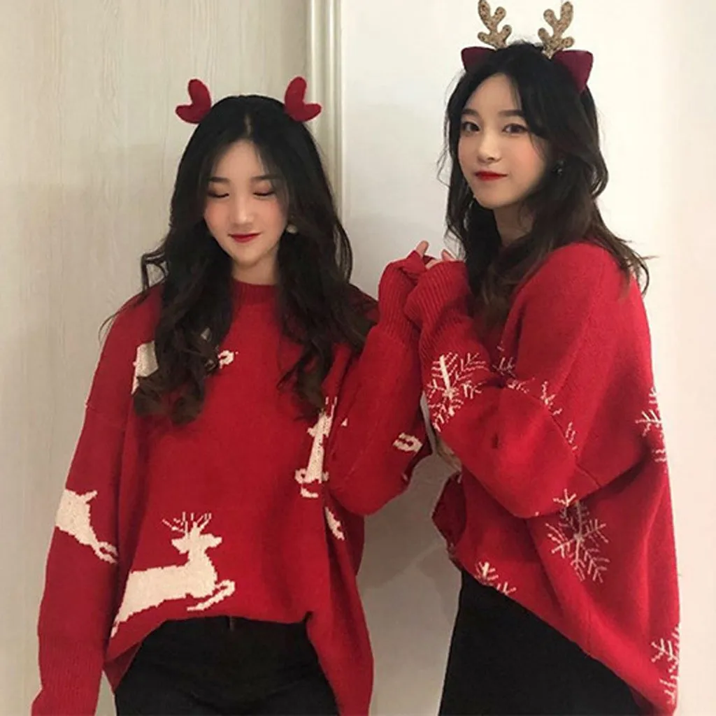 Christmas Women Sweater Santa Claus Reindeer Printed O-neck Long Sleeve Women Pullovers Winter Jumpers Knitwear Sweater
