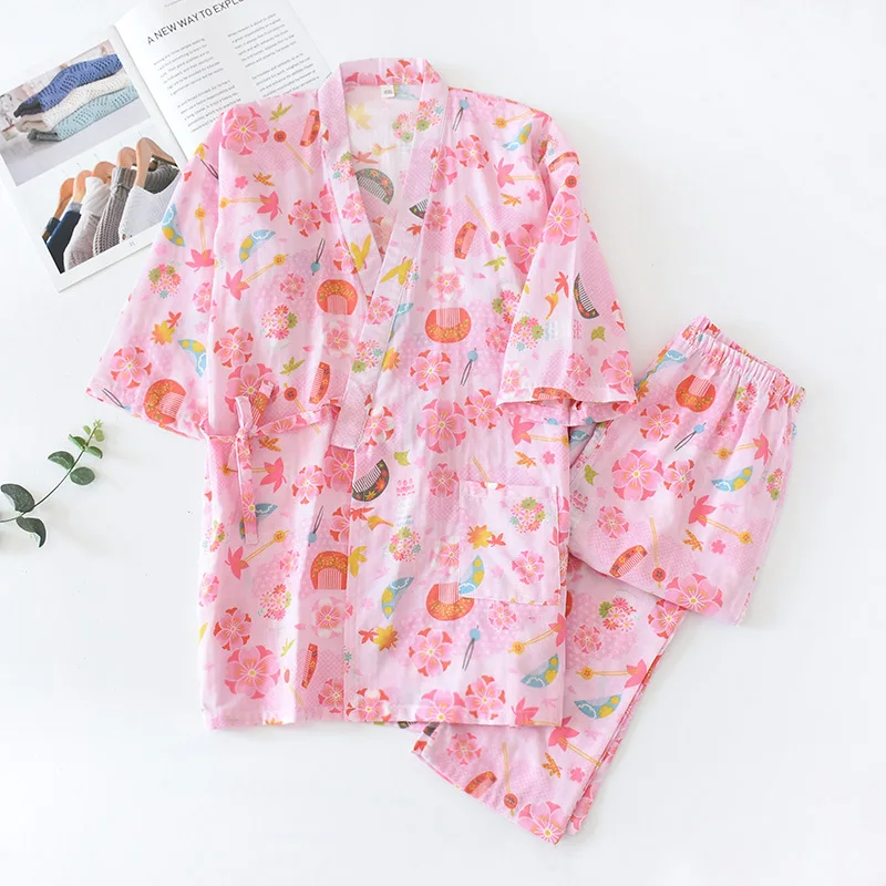 2022 Japanese Kimono Suit Pajamas Spring And Autumn Ladies Cotton Three-Quarter Sleeves Flowers Home Clothes Loose