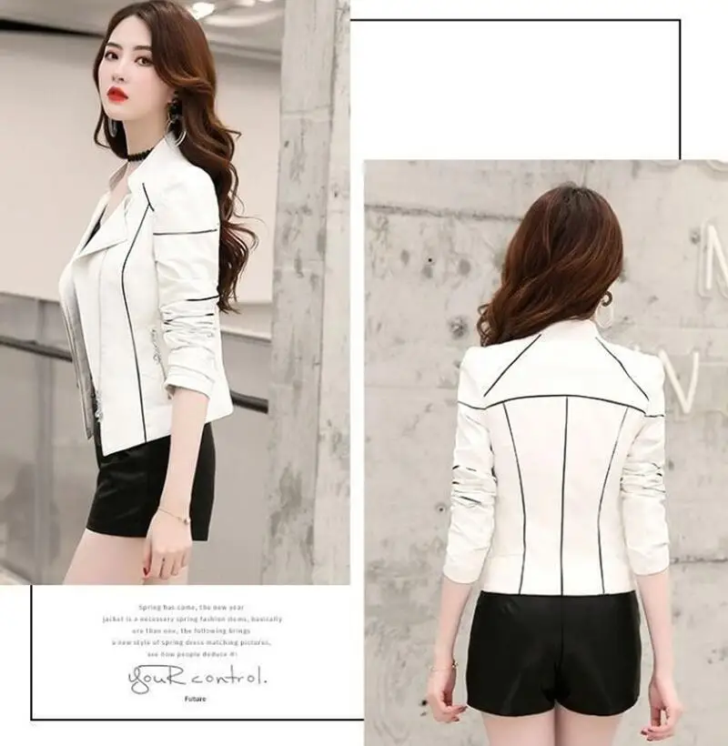 

Large Size Leather Jacket Women New 2021 Leather Coat Women Short Slim Stripe Motorcycle Leather Clothing Female Outerwear Black