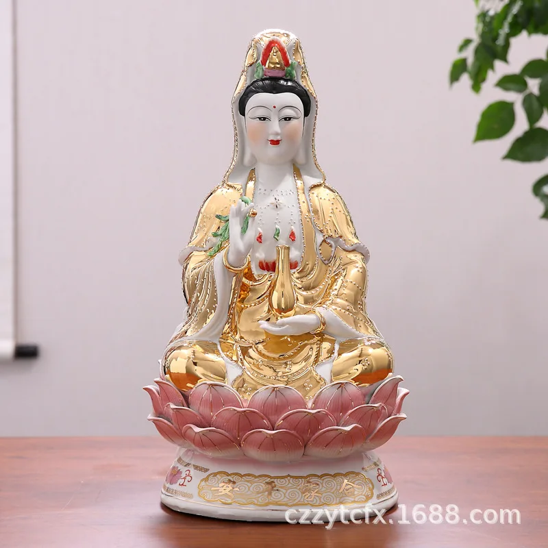 

12 inch [family safe] Wanzhu golden body holding bottle Guanyin Bodhisattva ornaments real gold color