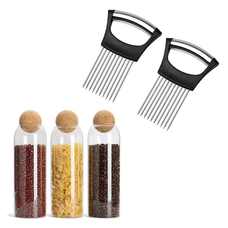 

HOT 2Pcs Onion Holder Slicer,Cutter Food Slicer Cutter & 3 Pcs Food Storage Jar Container with Airtight Cork Lid