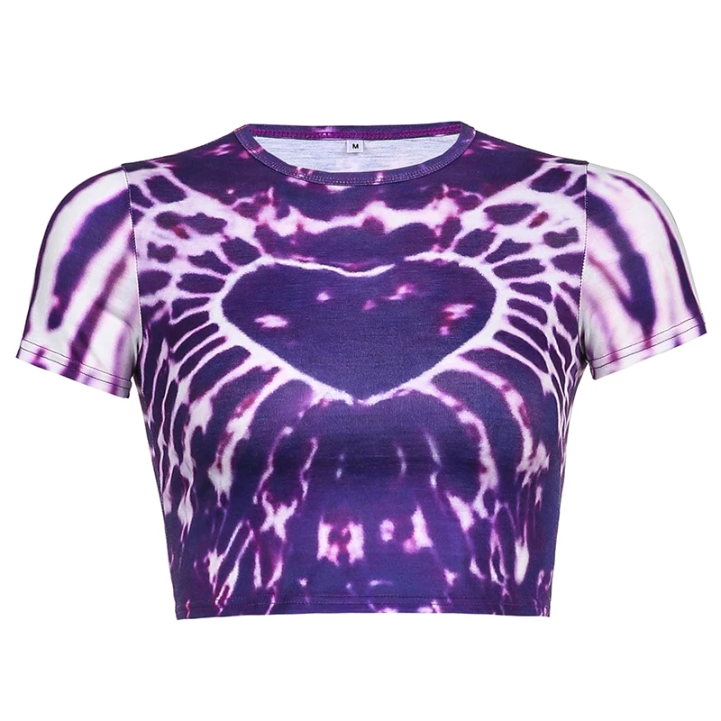 

Rockmore Purple Tie Dye Print Cropped Tshirt Women Y2K Aesthetic Short Sleeve T Shirts Heart Print Kawaii E Girl Clothes Summer