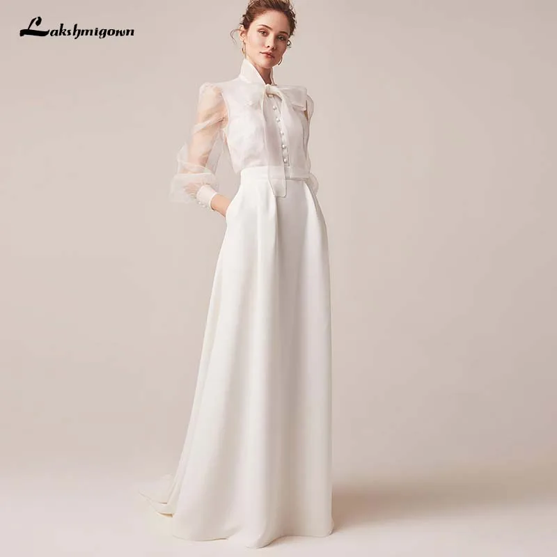 

Vintage Ivory Bridal Wedding Gowns Satin Long Sleeves Illusion Jewel Neck Bridal Dresses