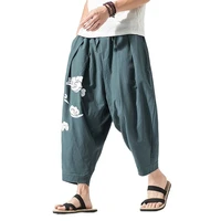 2022 springsummer chinese style loose cotton and linen cropped pants mens large size printed casual pants in three colors m 5x