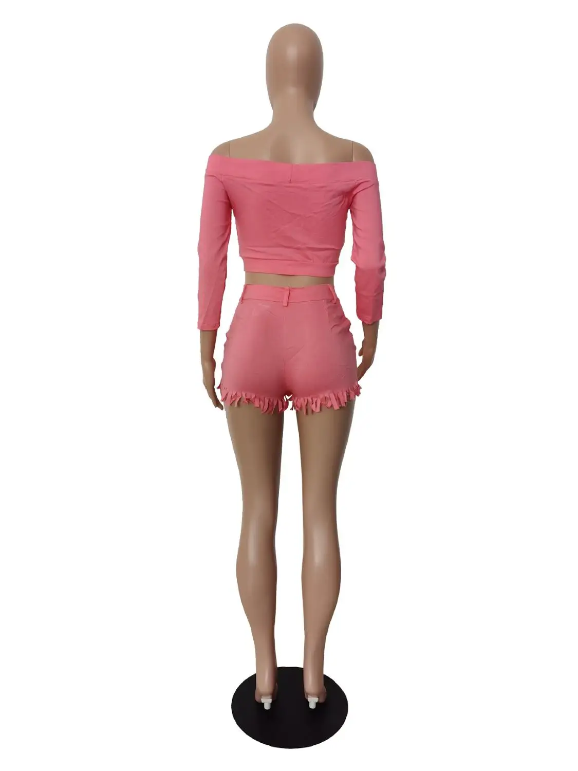 

European fashion solid color sexy nightclub 2-piece slim off shoulder long sleeve shirt and shorts women's suit