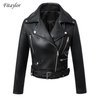 fitaylor black faux leather jacket women spring autumn short soft pu leather jackets with belt zipper moto biker coat