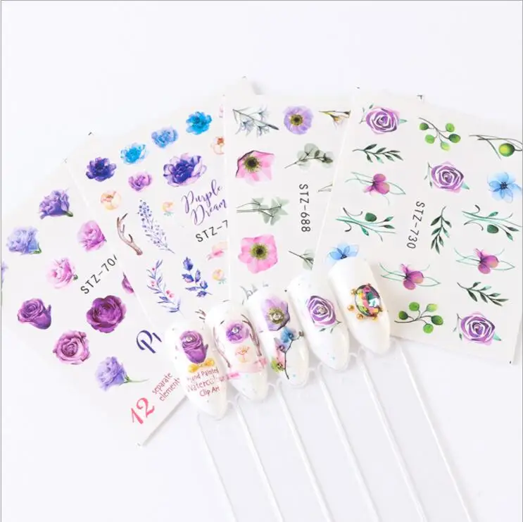 24 шт. смешанный дизайн новый ногтей Цветочные наклейки акварельные чернила на