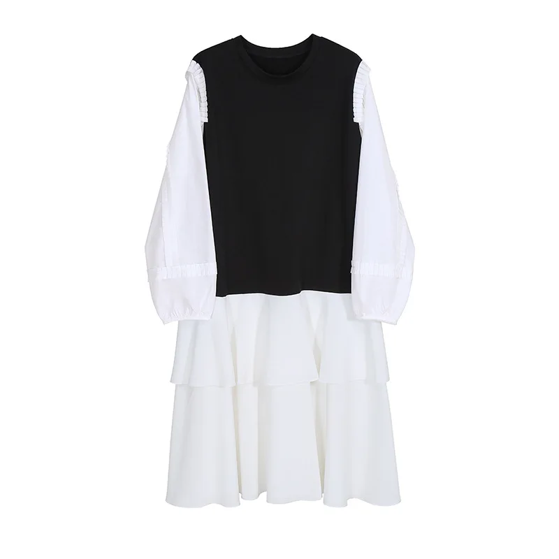 

SuperAen 2021 New Spring Simple Fashion Black and White Patchwork O Neck Loose Mid-Calf Woman Dress