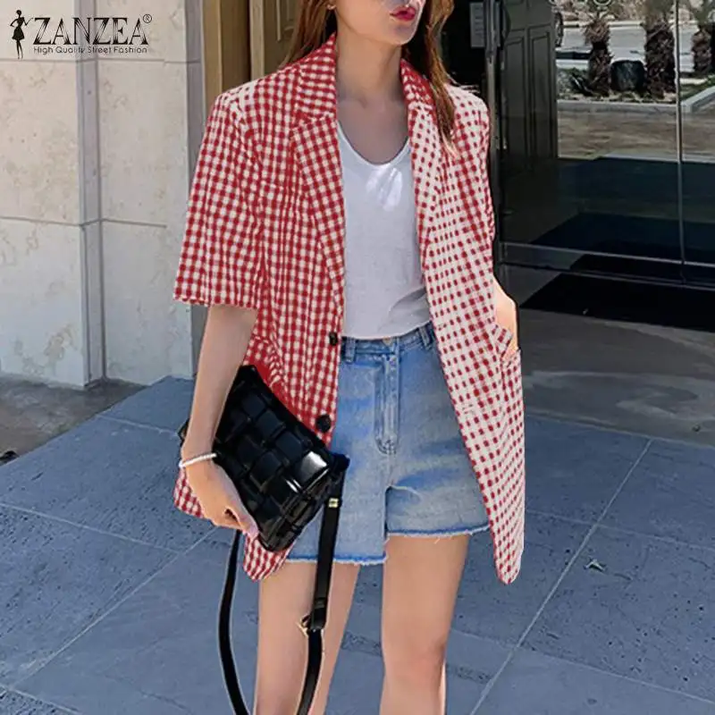 

Summer Blazers ZANZEA Women Fashion Plaid Checked Blazer Suits Casual Lapel Neck Short Sleeve Outwear Buttons Loose Thin Jackets