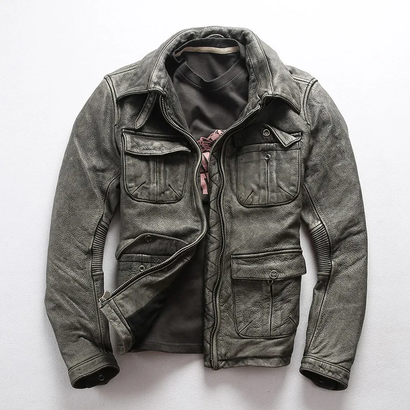 

2021 Men AVFLY Vintage Gray Genuine Cowskin Motorcycle leather jacket Fashion Multi-pocket Cowhide Jackets Winter Russia Coat