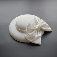 white millinery hat party wedding hat wide brim fedora elegant big bow knot headpiece church hair accessories 2021