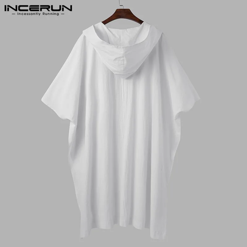 

Vintage Men Trench 3/4 Sleeve Hooded Cotton Solid Open Stitch Coats Casual Poncho Streetwear Mens Outerwear Cardigan INCERUN 5XL