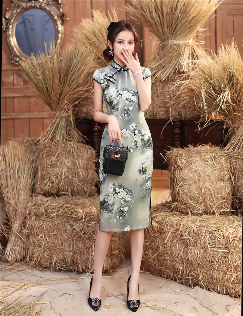 

Spring Summer Mandarin Collar Cheongsam Chinese Traditional Vestido Short Sleeve Female High Split Qipao Party Evening Dress