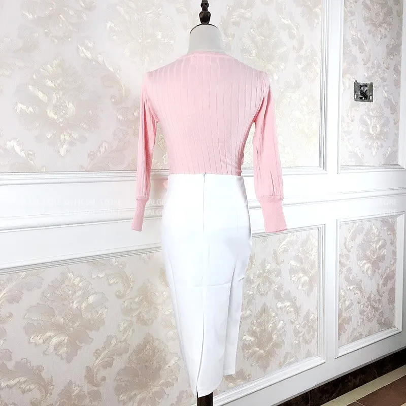 

2020 Spring V-Neck Long Sleeve Sashes Knitted Sweater Top White Pencil Bodycon Skirt Two Piece Casual Set Dress