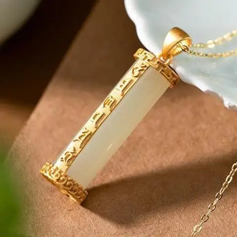

Six Words Mantra White Jade Pendant S925 Sterling Silver Hetian Jade Cylindrical Necklace with Pendant Palace Style Exquisite O