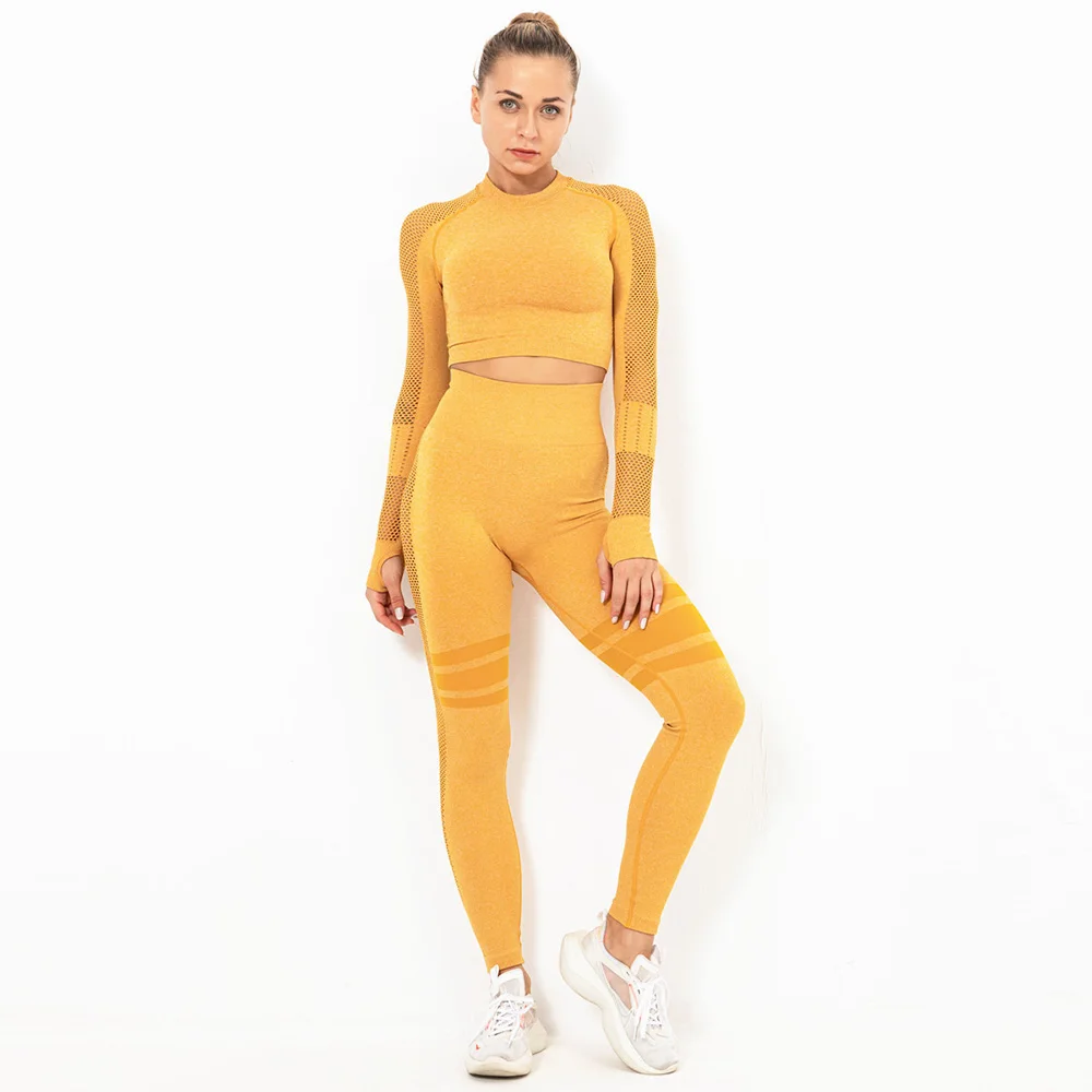 Бесшовный Женский Набор для йоги йога с длинным рукавом + длинные штаны набор