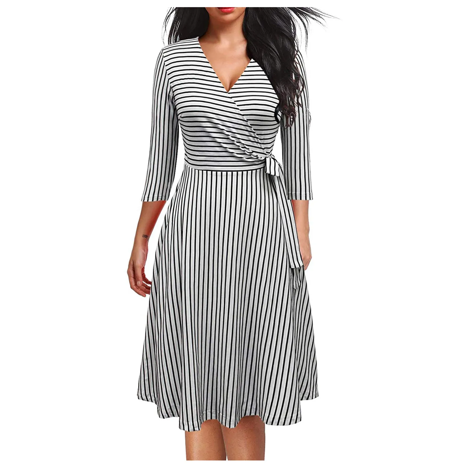

SAGACE Fashionable Simple Women Dress Striped Long Gown With Three-quarter Sleeves And V-neck Lace Home Wear