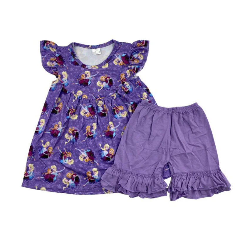 Оптовая продажа фиолетовое платье с рукавами воланами и принтом милый костюм для