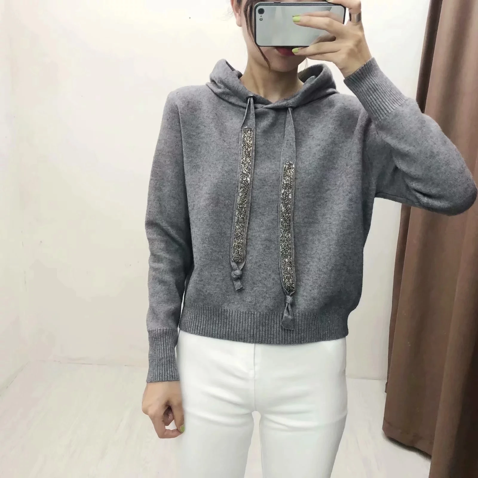 

winter Diamonds beading hooded Hoodies women pullovers vintage long sleeve sweatshirts stretchy female casual chic tops