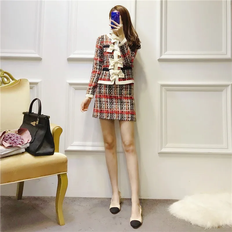 Luxury Striped Plaid 2 Piece Set Women Outfits Bow Short Slim Fit Jacket Coat Sexy A Line Mini Skirt OL Style Female Clothing | Женская