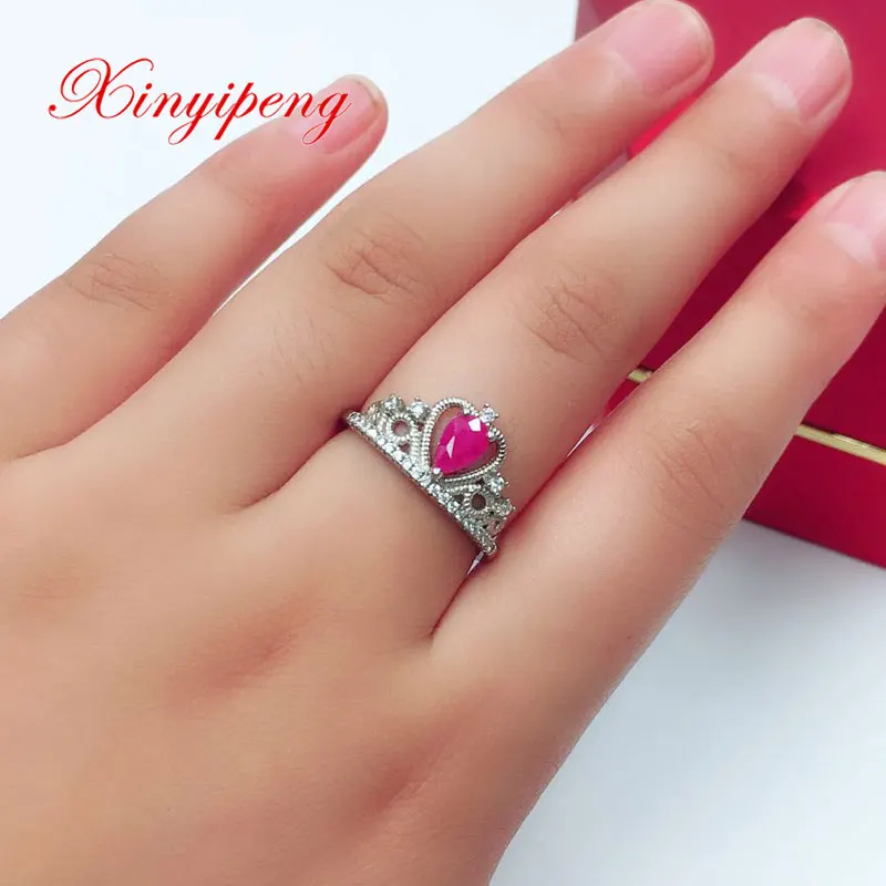 

Xin Yipeng S925 sterling silver plated white gold inlaid real natural ruby ring fine engagement wedding gift for women 4*6mm