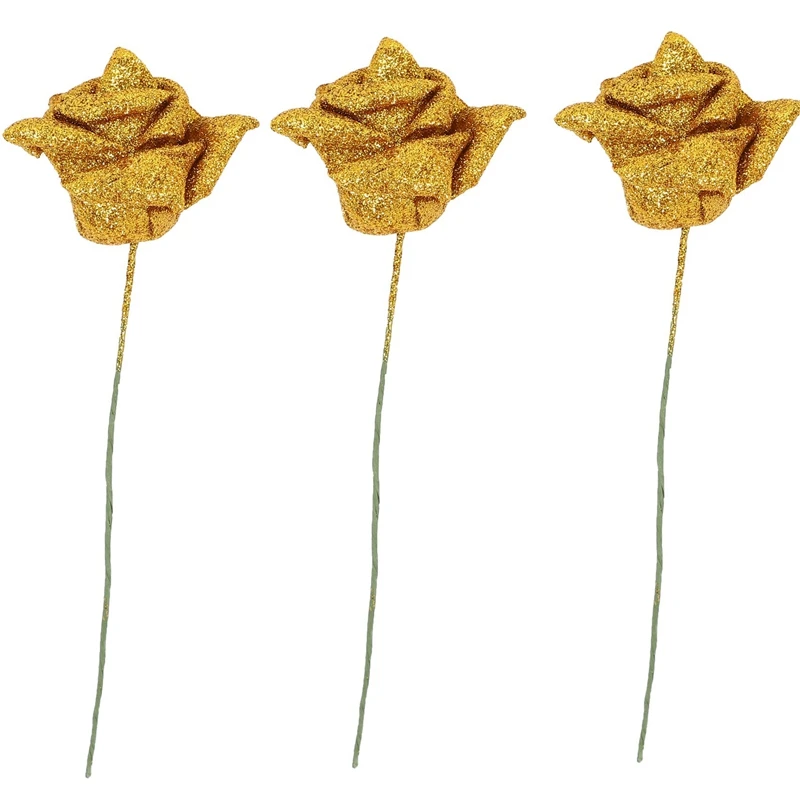 

21Pcs Foam Glitter Artificial Rose Decor, Gold