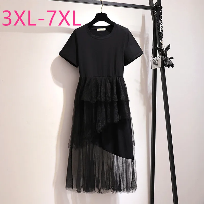 

New 2021 summer plus size dresses for women large loose casual short sleeve cotton gauze black O-neck dress 3XL 4XL 5XL 6XL 7XL