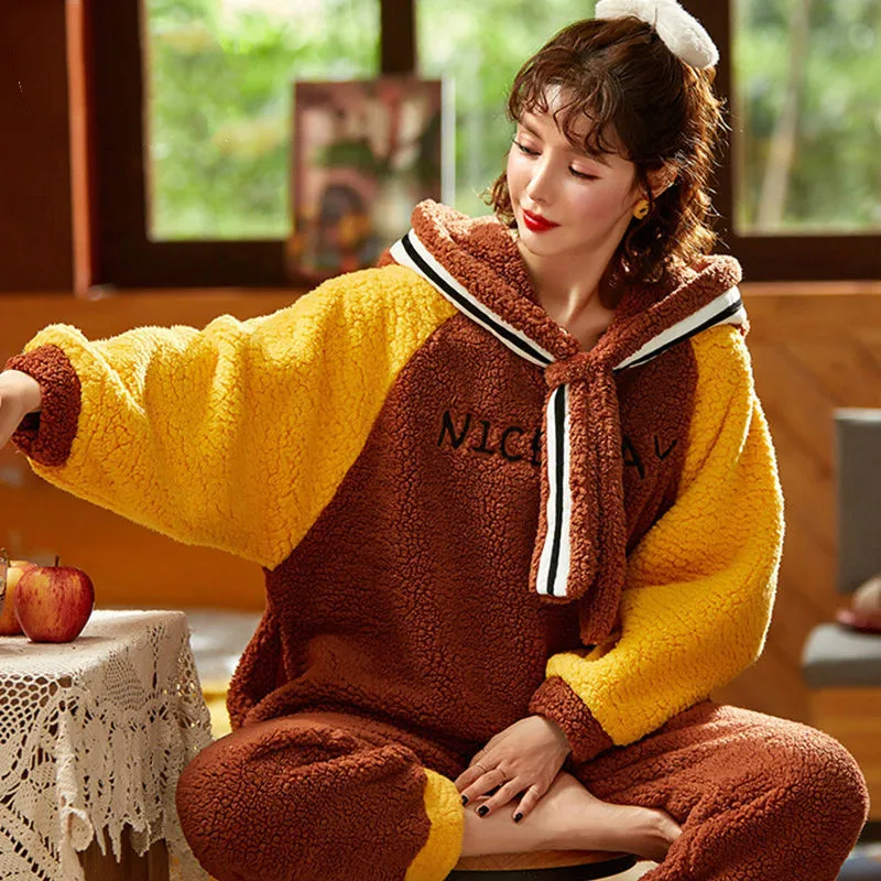 Pajamas Set Women Thick Flannel Cute Hooded Sleepwear Autumn and Winter Warm Lamb Velvet Nightwear Ladies Fashion Home Service