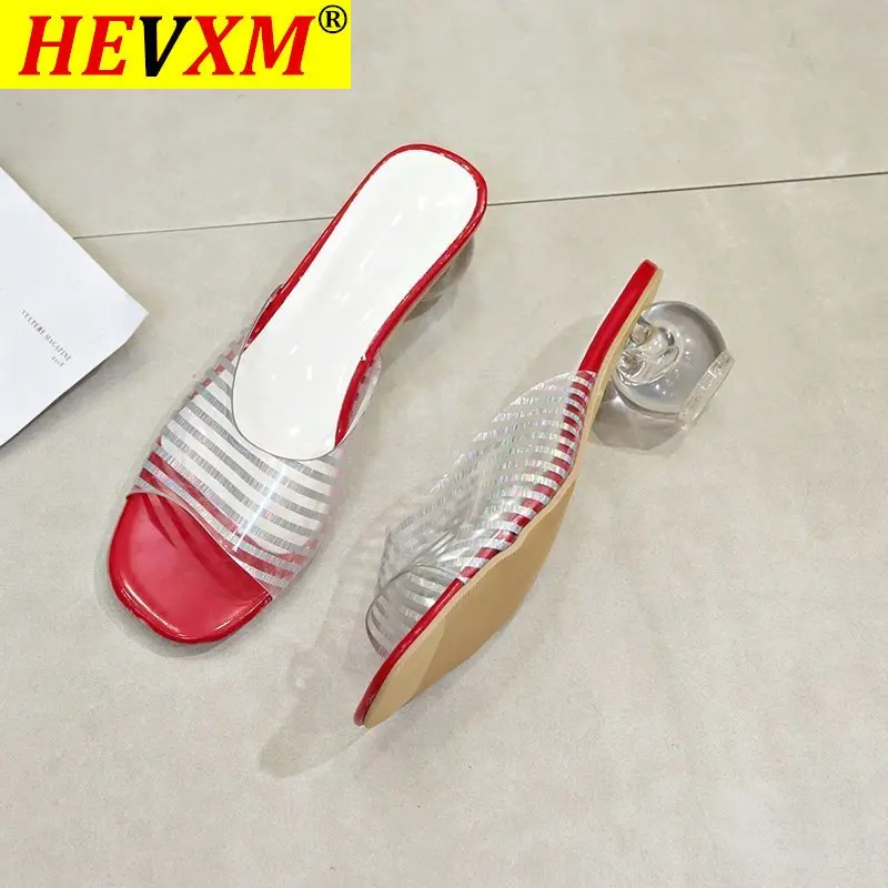 

Summer New Designer Slippers Women Mules Shoes Fashion Stripe Open toe Slides Ladies Brand Round heel Mules Female Slippers