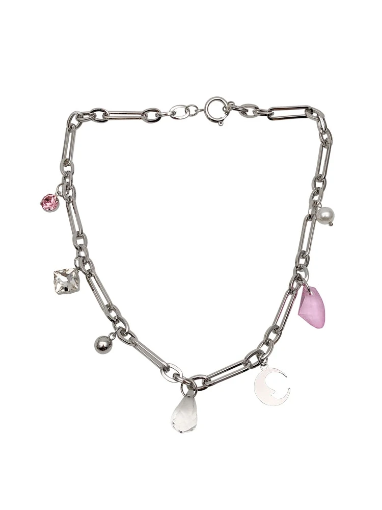 

French Pink Crystal Moon Chain Short Necklace Flash Diamond Girl Necklace Fashionable Street Clavicle Chain