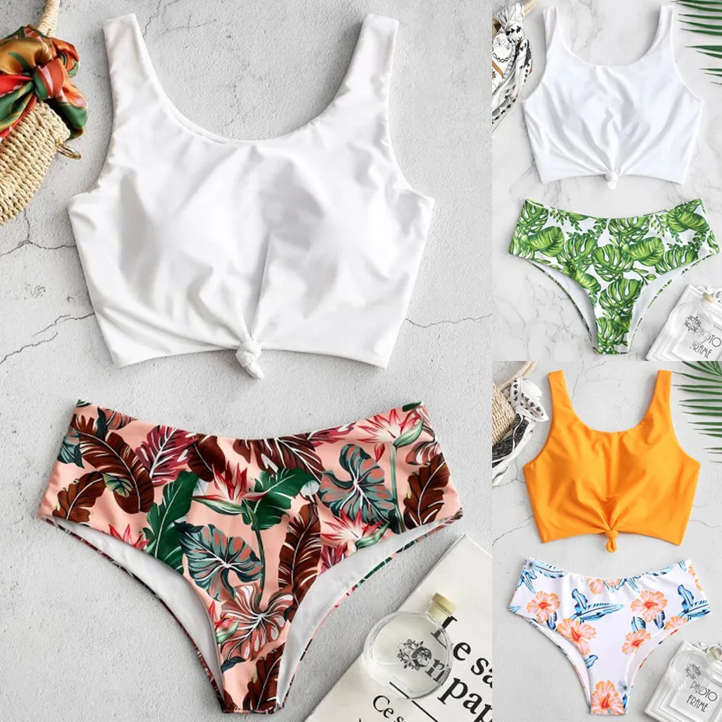 

JAYCOSIN Solid Knotting Sexy Bikinis Leaf Floral Print Bikini Padded Swimsuit Female Swimwear Women High Waist Beach Biquini XL