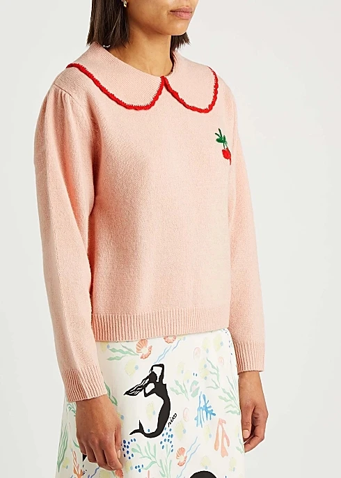 

Women Pink Knitted Sweater Wool Cherry Embroidery Peter Pan Collar Long Sleeve Ladies Sweet Knitwear Pullover Tops 2021 New