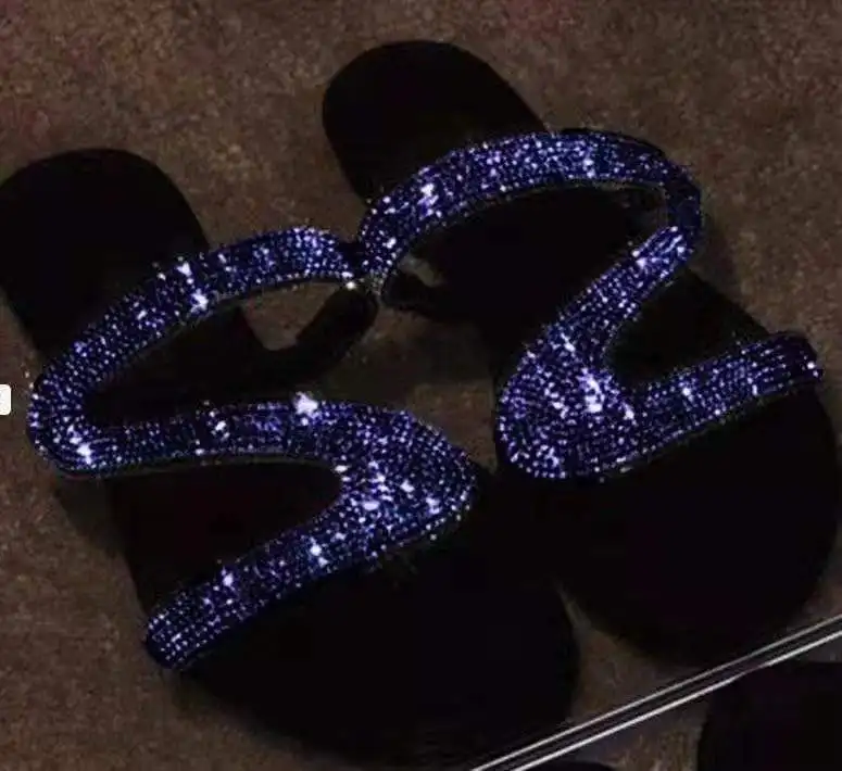 Summer Women Sandals Sliver Crystal Shiny Slip-On Cut Out Ladies Flat Outdoor Holiday Slides 9060 | Обувь