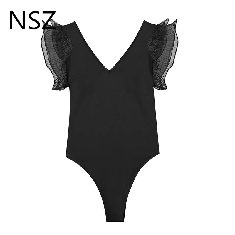 Женский комбинезон с оборками NSZ черный бандажный из органзы на плечах глубоким