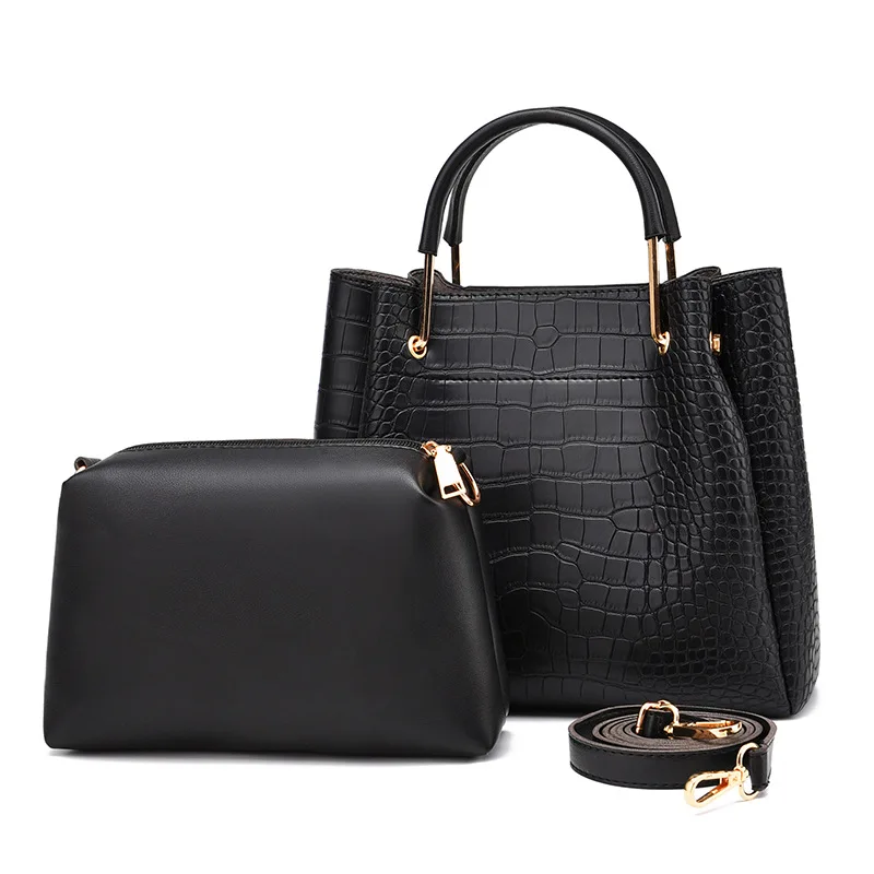 

2020 Crocodile Pattern Bucket Bag Fashion PU Leather Women Handbag Luxury Big Women Shoulder Messenger Bag Composite Bag 2Pcs
