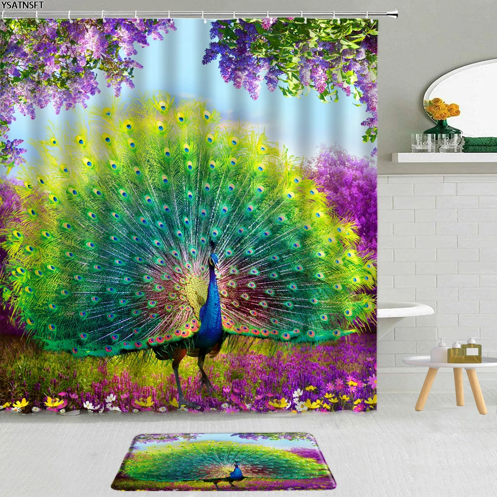 

2Pcs Color Elegant Peacocks Shower Curtain Purple Flower Green Leaf Scenery Non-Slip Bath Mat Bathroom Cloth Curtains Set Decor