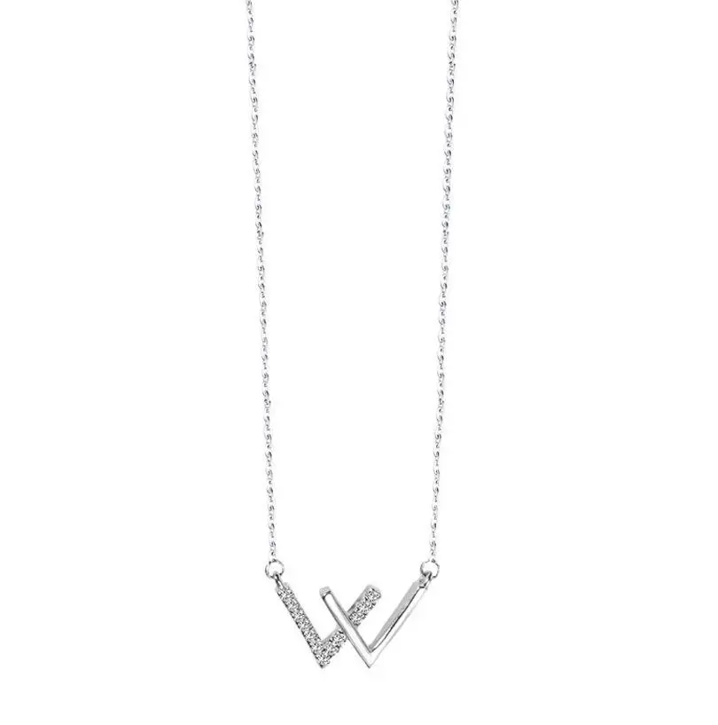 

New Trendy S925 Sterling Silver W Letter Necklace Fashion Women Jewelry Double V Pendant AAA Zircon Diamond Necklace