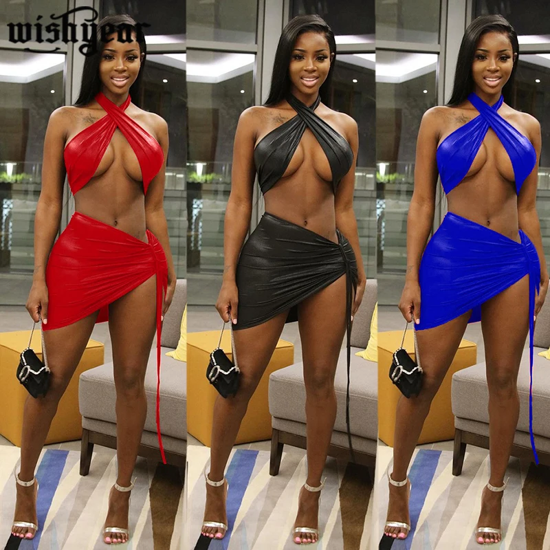 

PU Leather Halter Lace Up Crop Top Drawsting Pleated Mini Skirt Asymmetrical 2 Piece Set Nightclub Party Bodycon Outfits