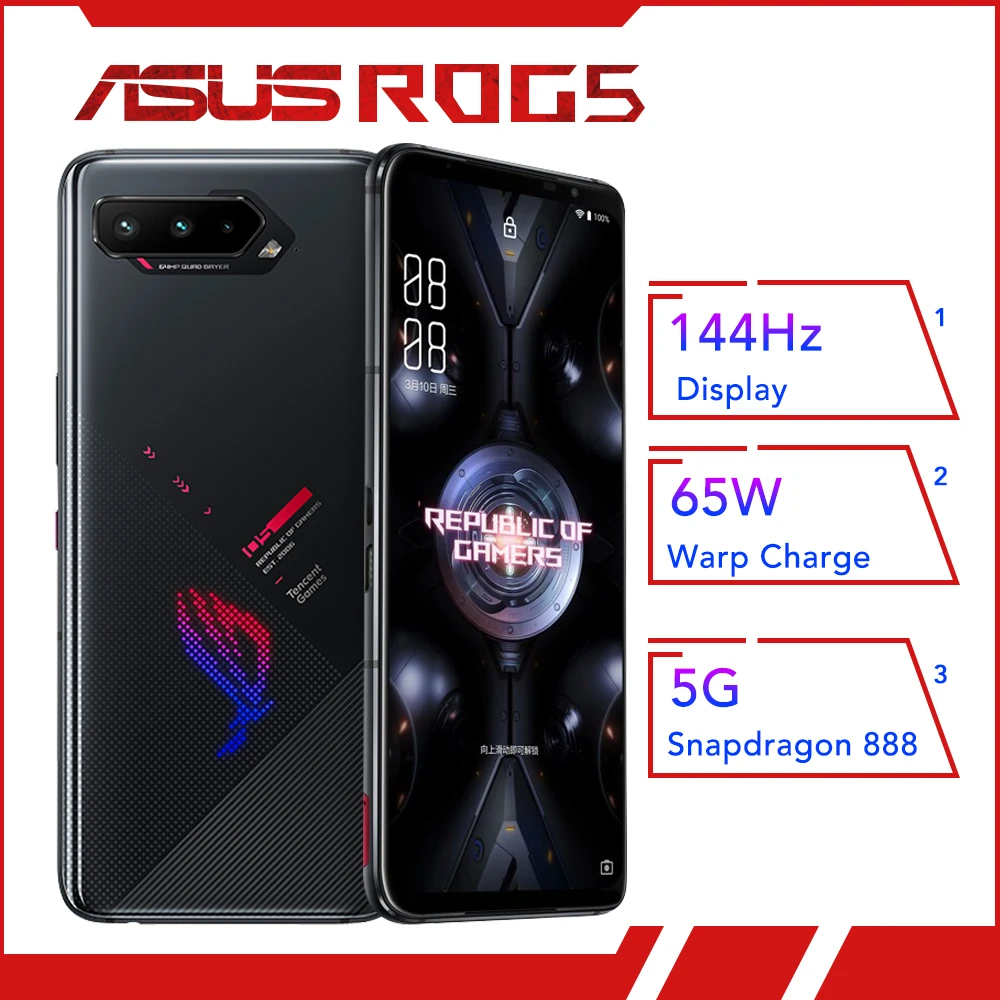 Оригинальный Смартфон Asus ROG 5 8 ГБ ОЗУ 128 ПЗУ Snapdragon 888 6 78 дюйма 144 Гц 6000 мАч 65 Вт |