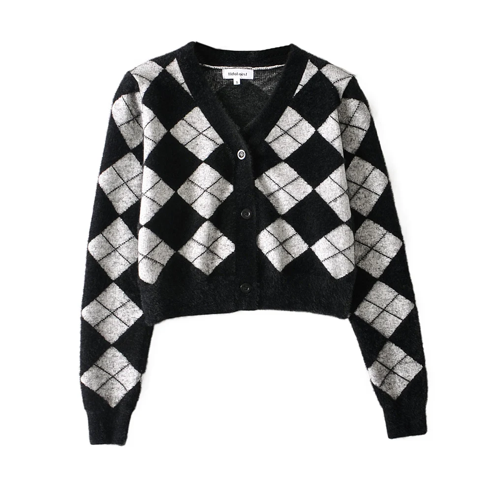 

Korean fashion cropped cardigans women v neck knitted mohair sweater vintage argyle sweater cute fuzzy cardigan long sleeve