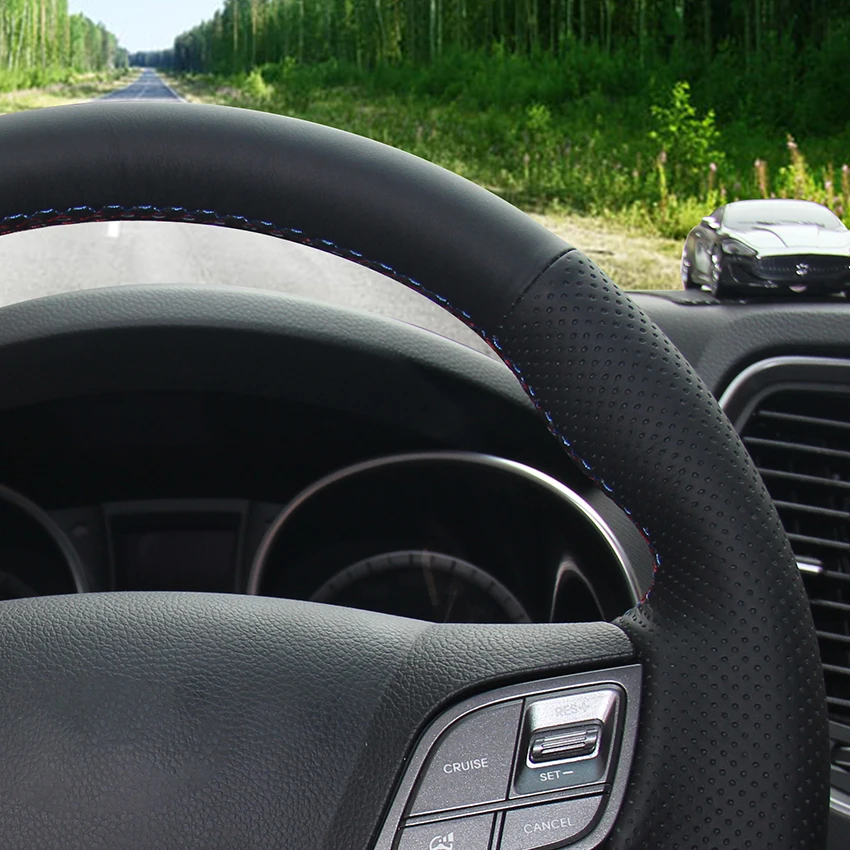 

LQTENLEO Black Genuine Leather Hand Sewing Car Steering Wheel Cover For Hyundai Santa Fe 2012-2018 H350 2015-2019 ix45 2013-2016