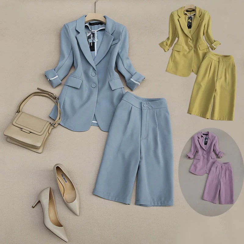 Fashion temperament women's suit suits, ladies chic small suit jacket, retro slim high waist five-point pants two-piece trend