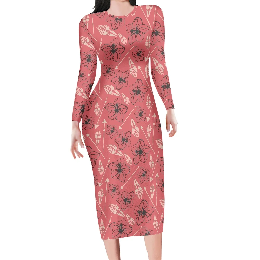 

Hawaii Stylish Bodycon Pencil Dress For Women Polynesian Tribal Art Vintage Tattoo Feather Print Pattern Long Sleeve Streetwear