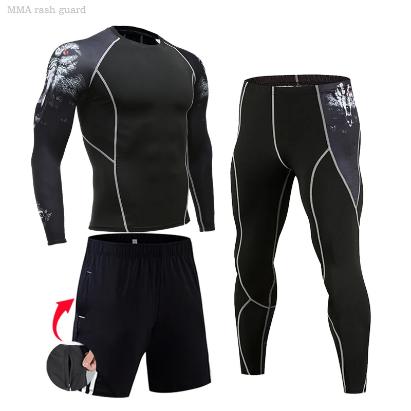 

Winter sports tight thermal underwear men's fitness clothing rashgarda mma long sleeves 2-3 piece Tracksuit men jogging suit